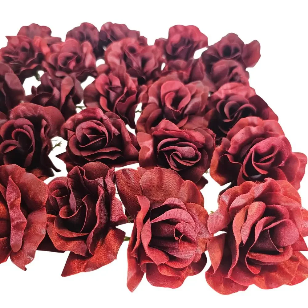 100 Burgundy Red Satin Rose Heads Stemless Wedding Floral Craft DIY 2.5in Flower